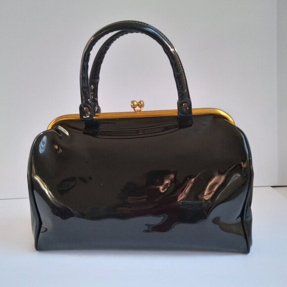 Vintage Black Sturdy Shiny Roomy Patent Gold Kiss Clasp Envelope Satchel Bag - Picture 3 of 15